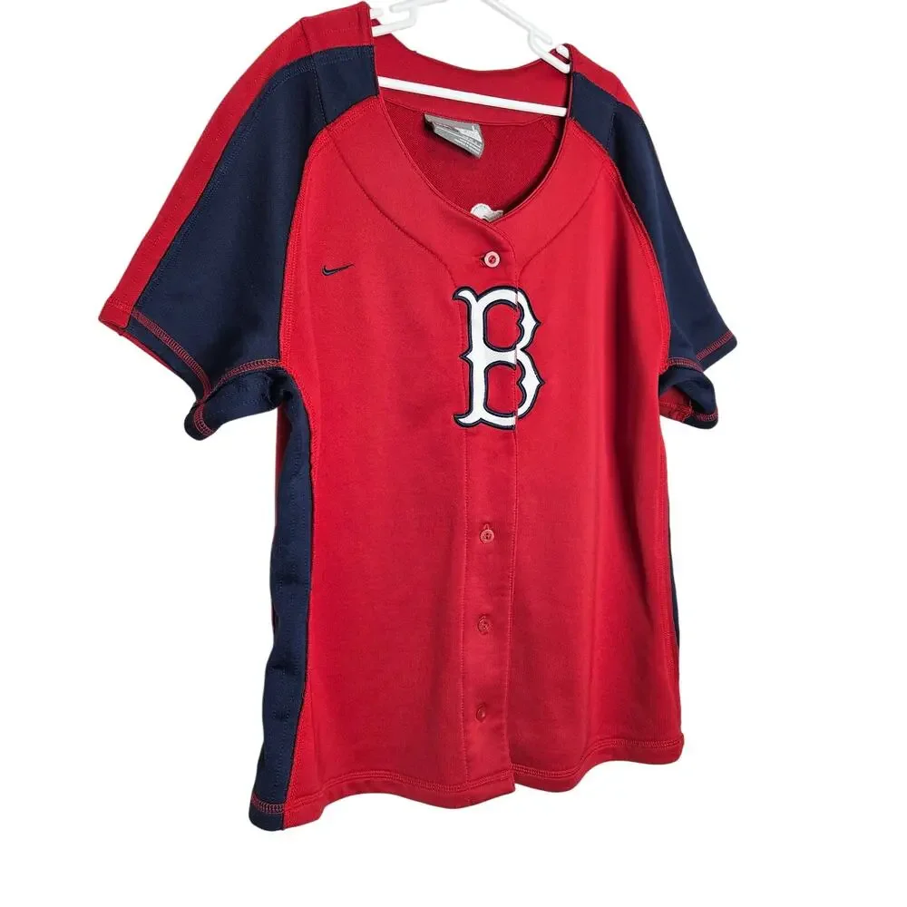 Nike Boys Red blue Boston Red Sox Embroidered Baseball MLB Jersey Shirt sz Large